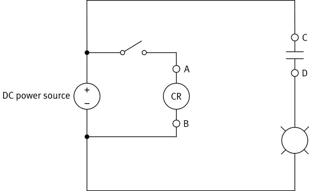 Circuit diagram: indicator light controlled by a DC relay with switch and CR coil