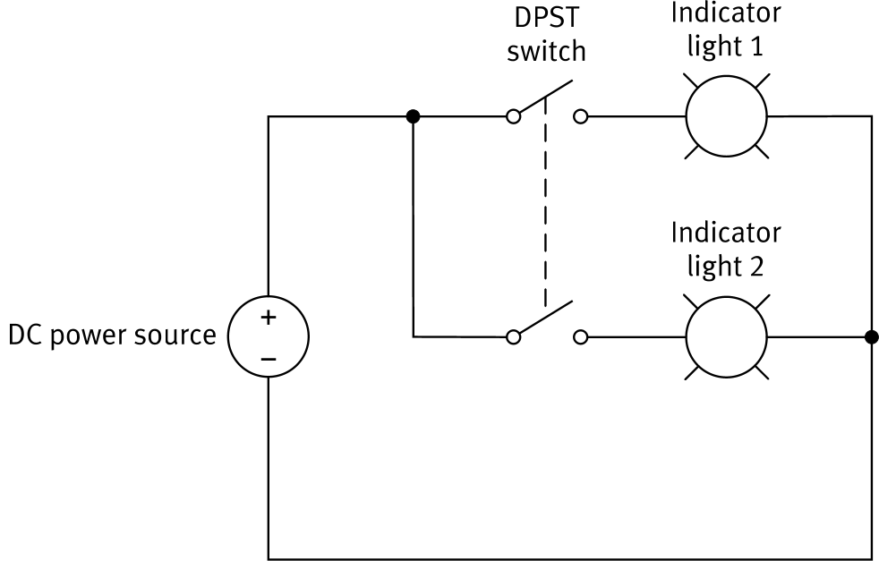 DPST circuit with DC power source, DPST switch, and two indicator lights