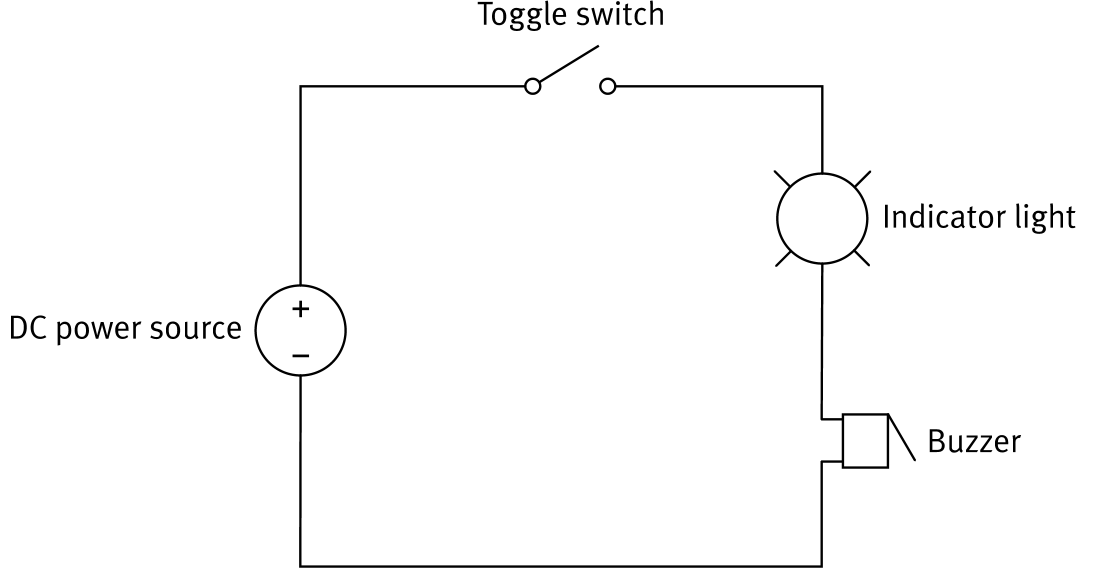 Series circuit with toggle switch controlling indicator light and buzzer