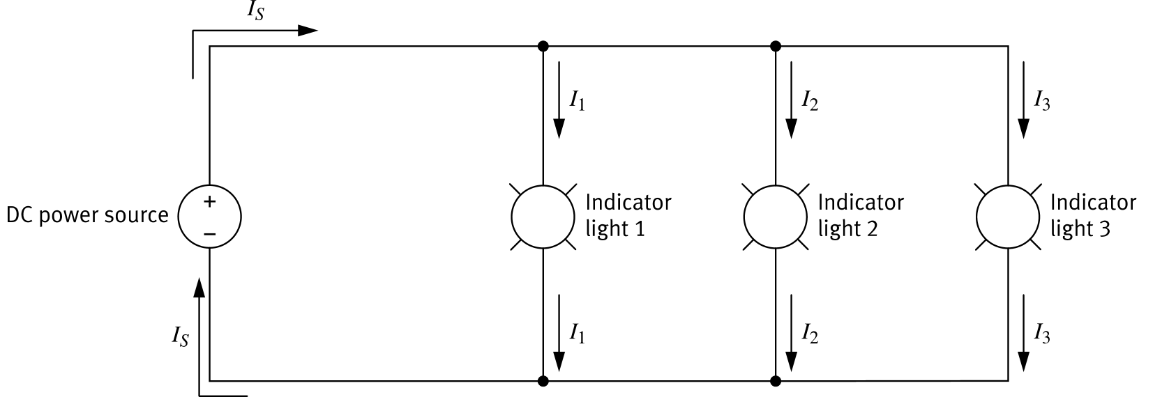 Parallel circuit with three indicator lights showing I1, I2, I3 branch currents
