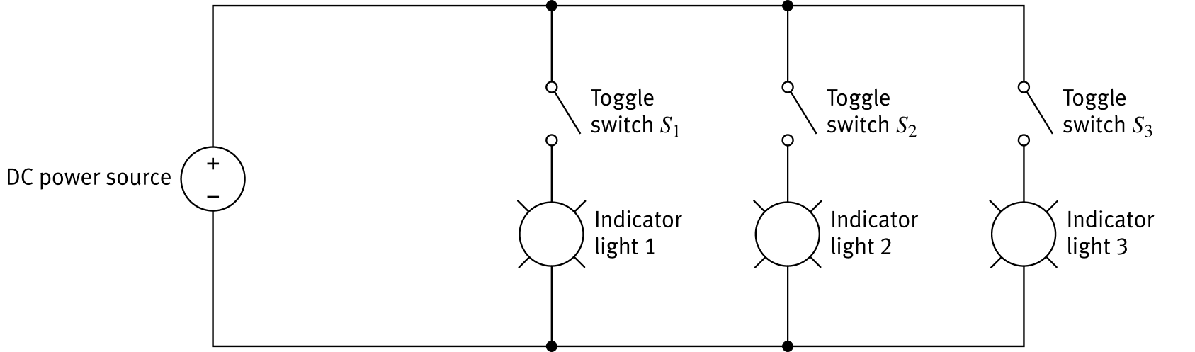 Parallel circuit with toggle switches S1 S2 S3 independently controlling three lights