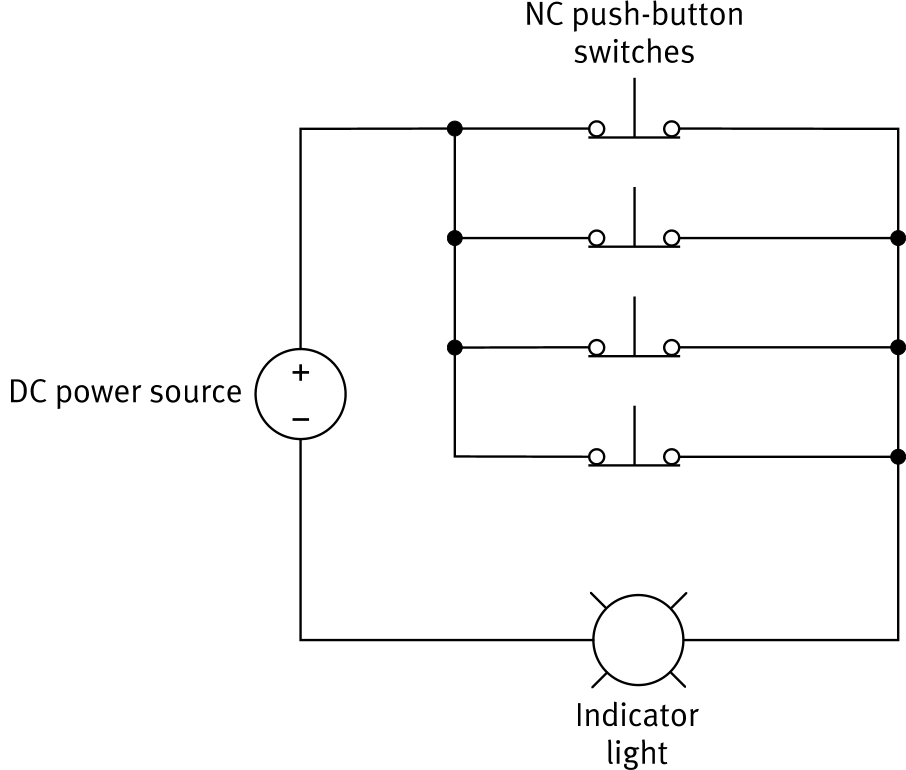 Car interior light circuit with four parallel NC push-button switches