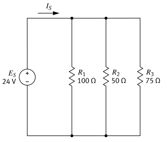 Parallel circuit with R1=100Ω R2=50Ω R3=75Ω at 24V