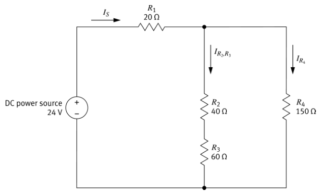 Textbook Example 1 — mixed circuit with R1=20Ω R2=40Ω R3=60Ω R4=150Ω at 24V