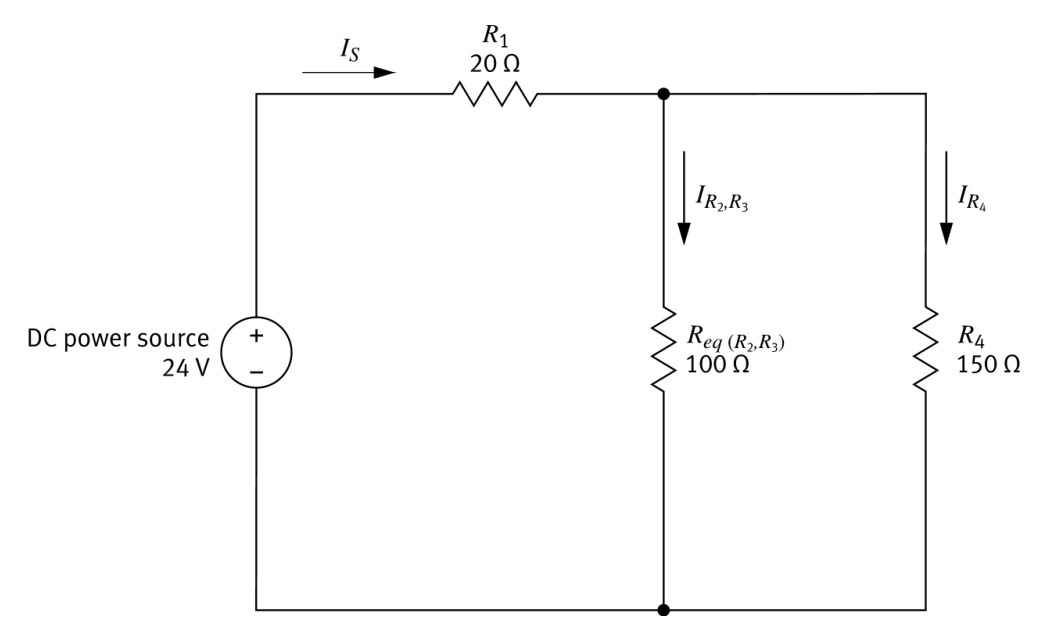 Simplified: R1=20Ω in series with parallel pair Req(R2R3)=100Ω and R4=150Ω