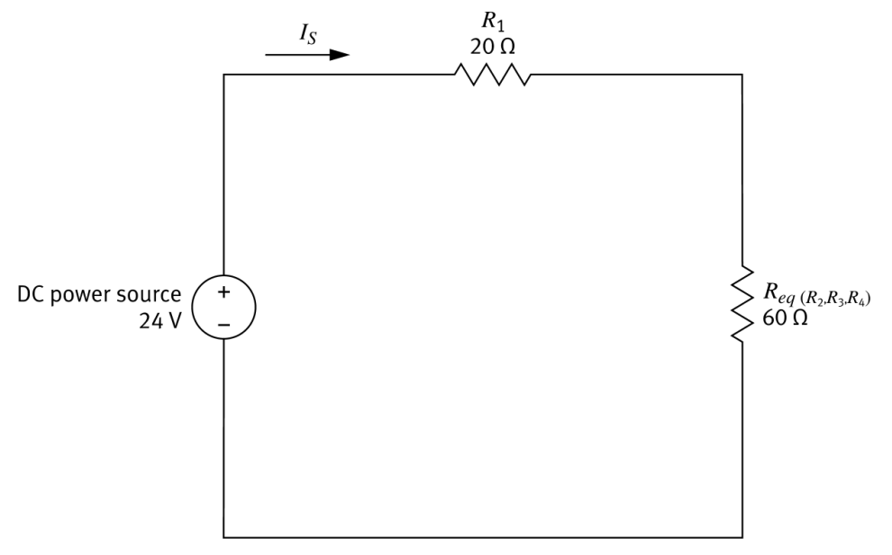 Simplified: R1=20Ω in series with Req(R2R3R4)=60Ω