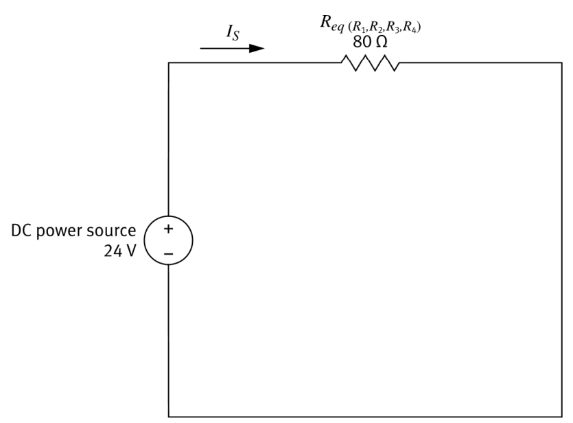 Single equivalent resistor Req(R1R2R3R4) = 80Ω at 24V