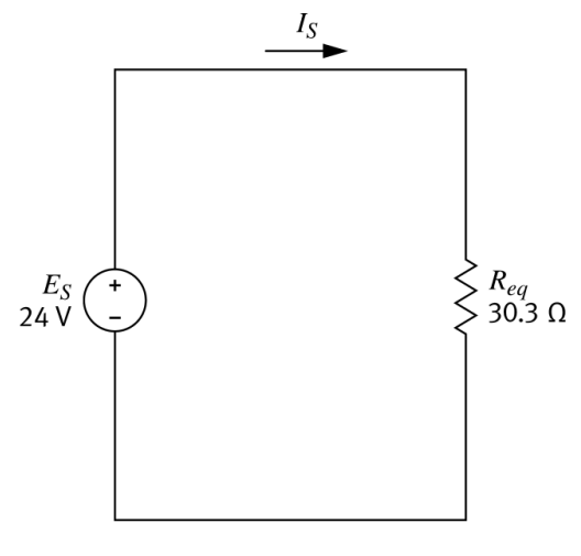 Equivalent circuit with solved resistance used for source current calculation