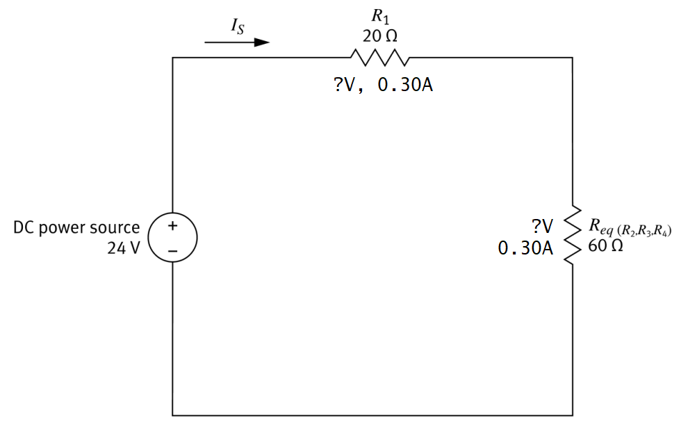 R1=20Ω series with Req=60Ω, Iₛ=0.30A