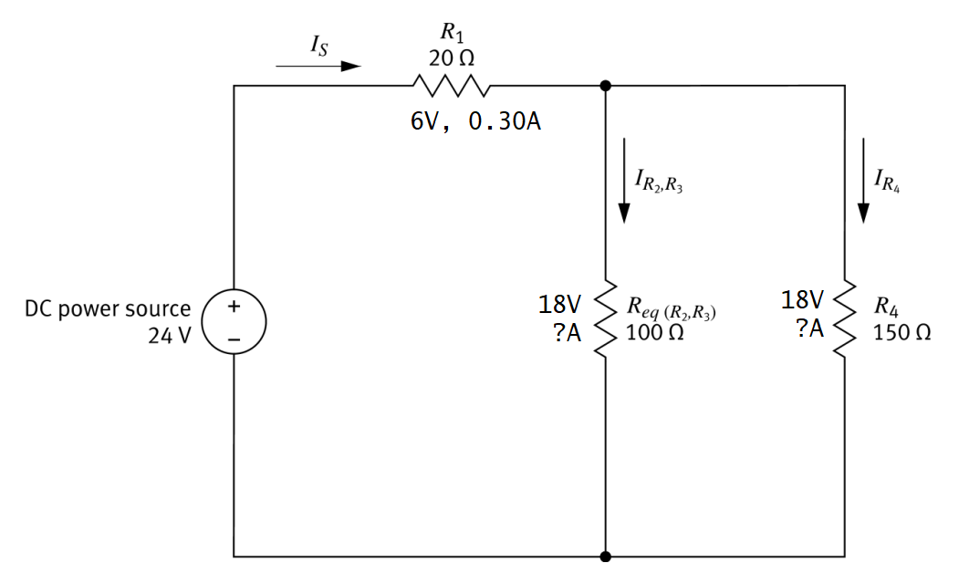 Req(R2R3)=100Ω parallel to R4=150Ω with E=18V