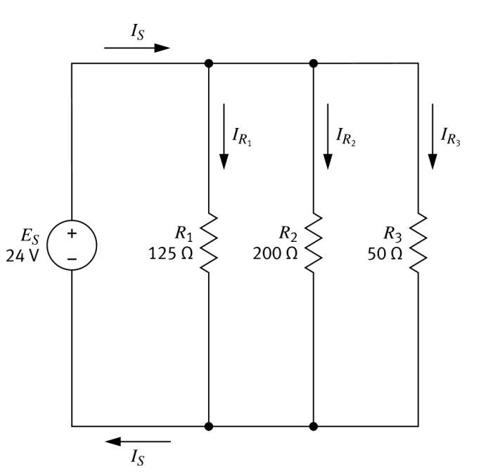 Parallel circuit Eₛ=24V with three branch currents