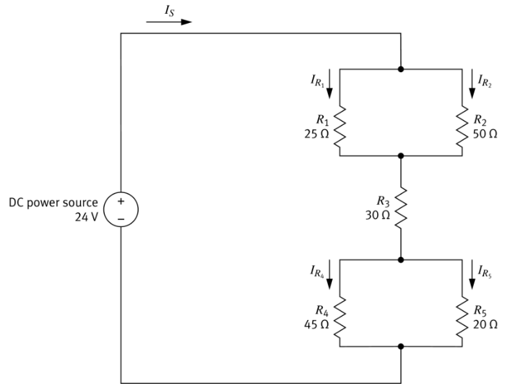 Mixed circuit: 24 V DC source, R1=25Ω and R2=50Ω in parallel, R3=30Ω in series, R4=45Ω and R5=20Ω in parallel