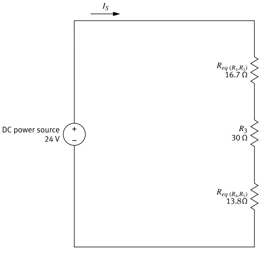 Simplified series circuit: Req(R1,R2)=16.7 Ω, R3=30 Ω, Req(R4,R5)=13.8 Ω