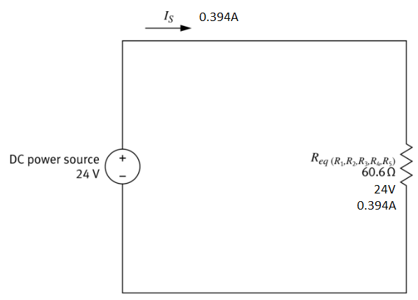 Single equivalent circuit: Req = 60.6 Ω, V = 24 V