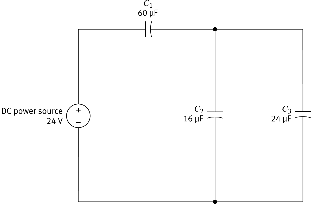 Figure 146: Mixed circuit with C1=60µF in series, and C2=16µF parallel with C3=24µF, powered by 24V DC source