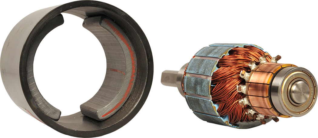 Real DC motor armature showing wire loops and commutator segments