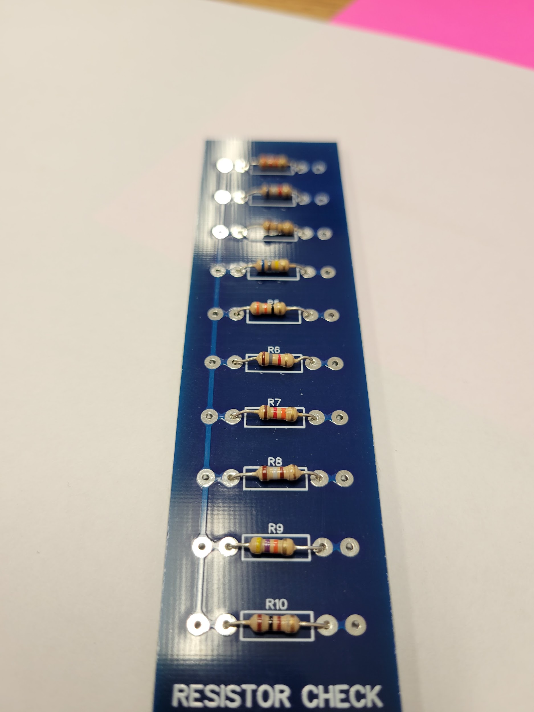 All 10 resistors mounted on the Resistor Check board
