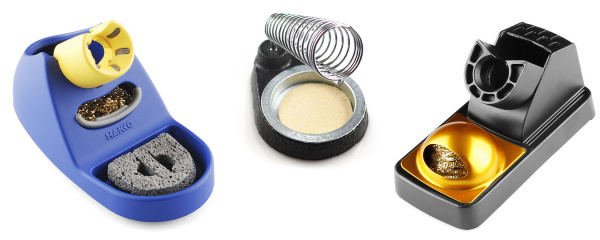 Three iron stand types: plastic with sponge, metal coil, brass wool