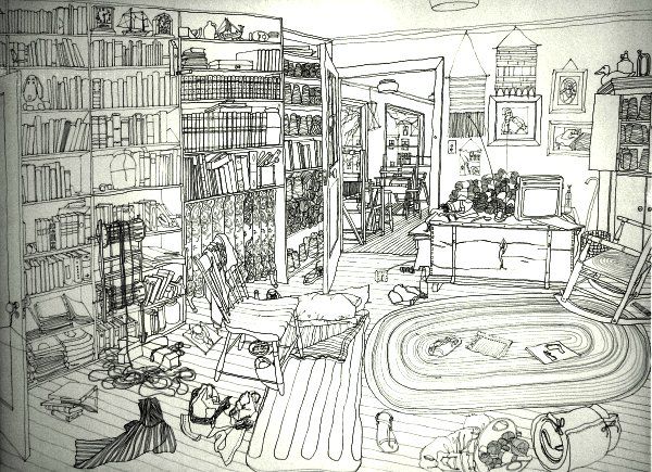 A detailed, neatly drawn pen sketch of a cluttered living room interior, showing bookshelves, furniture, and a rug drawn with clean, readable line work.