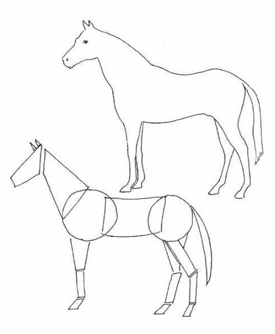 A finished line drawing of a horse above a version of the same horse blocked out with simple circles, boxes, and lines.