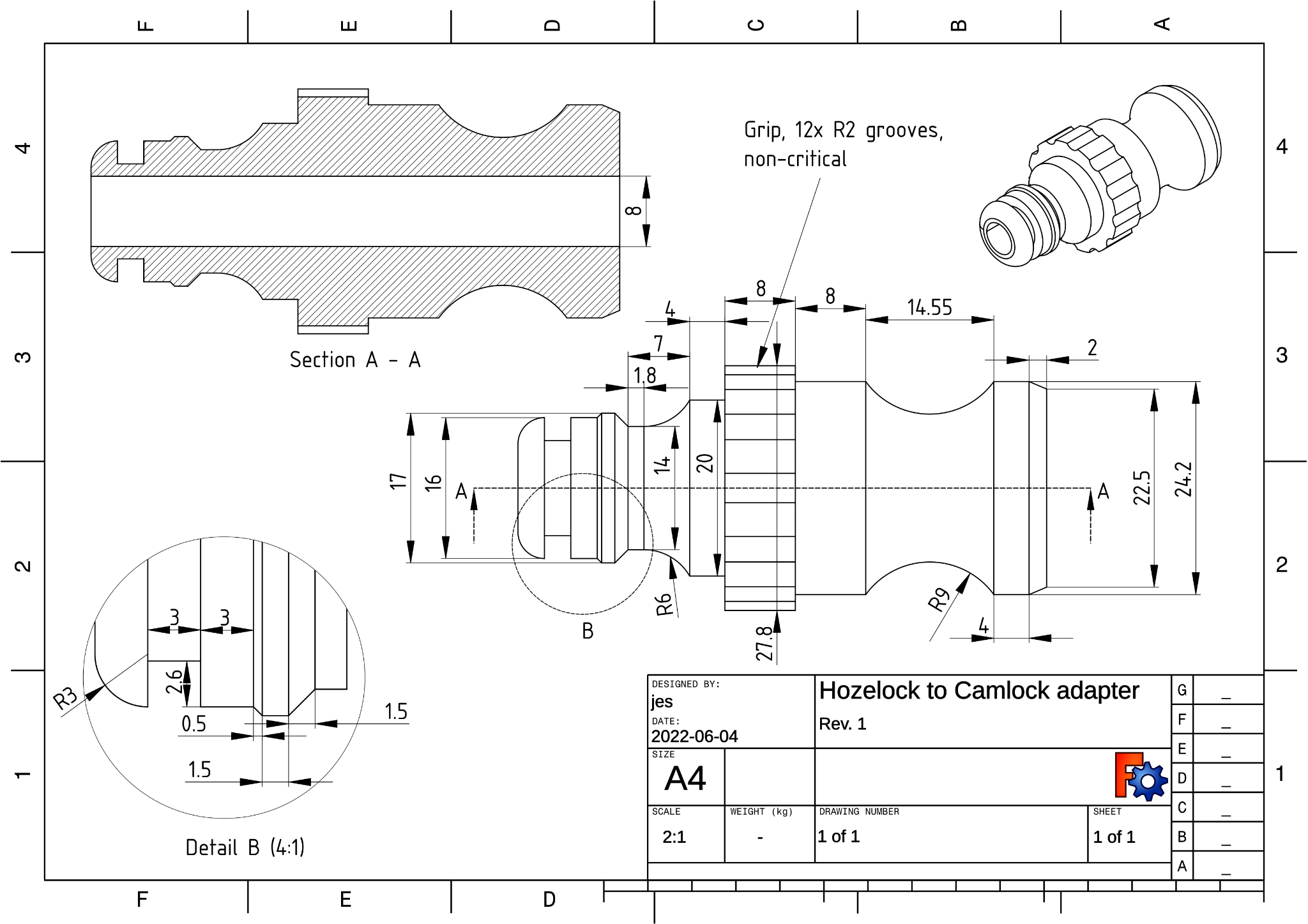 Dimensioned mechanical drawing of a hose-to-camlock adapter, including a section view, a detail callout, and an isometric view with measurements.