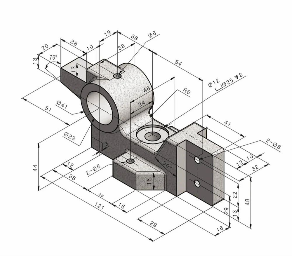 Isometric CAD drawing of a machined bracket part with dimensions and hole callouts.