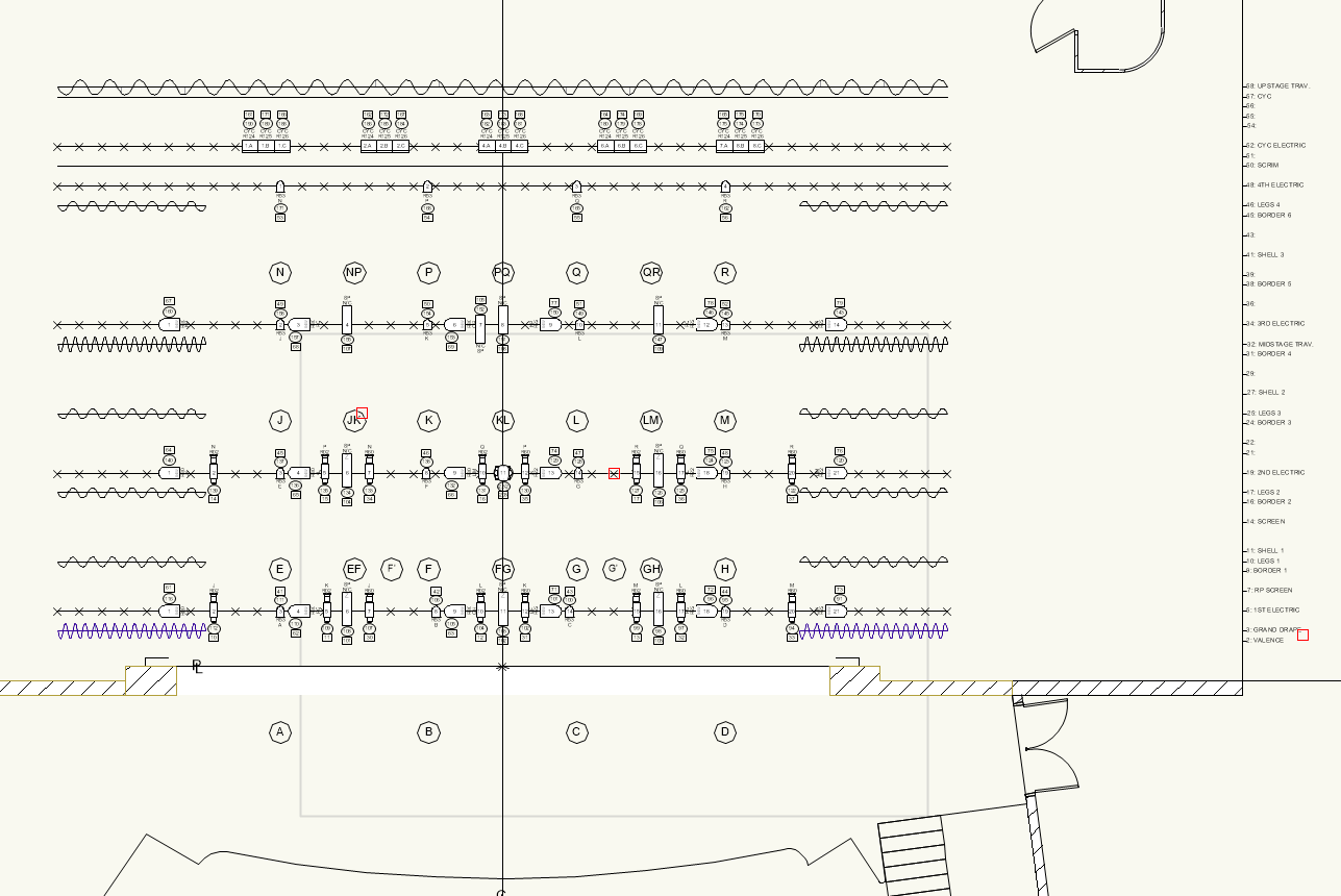 Theatrical lighting and rigging plot showing electrics, battens, and equipment positions labeled with location codes.