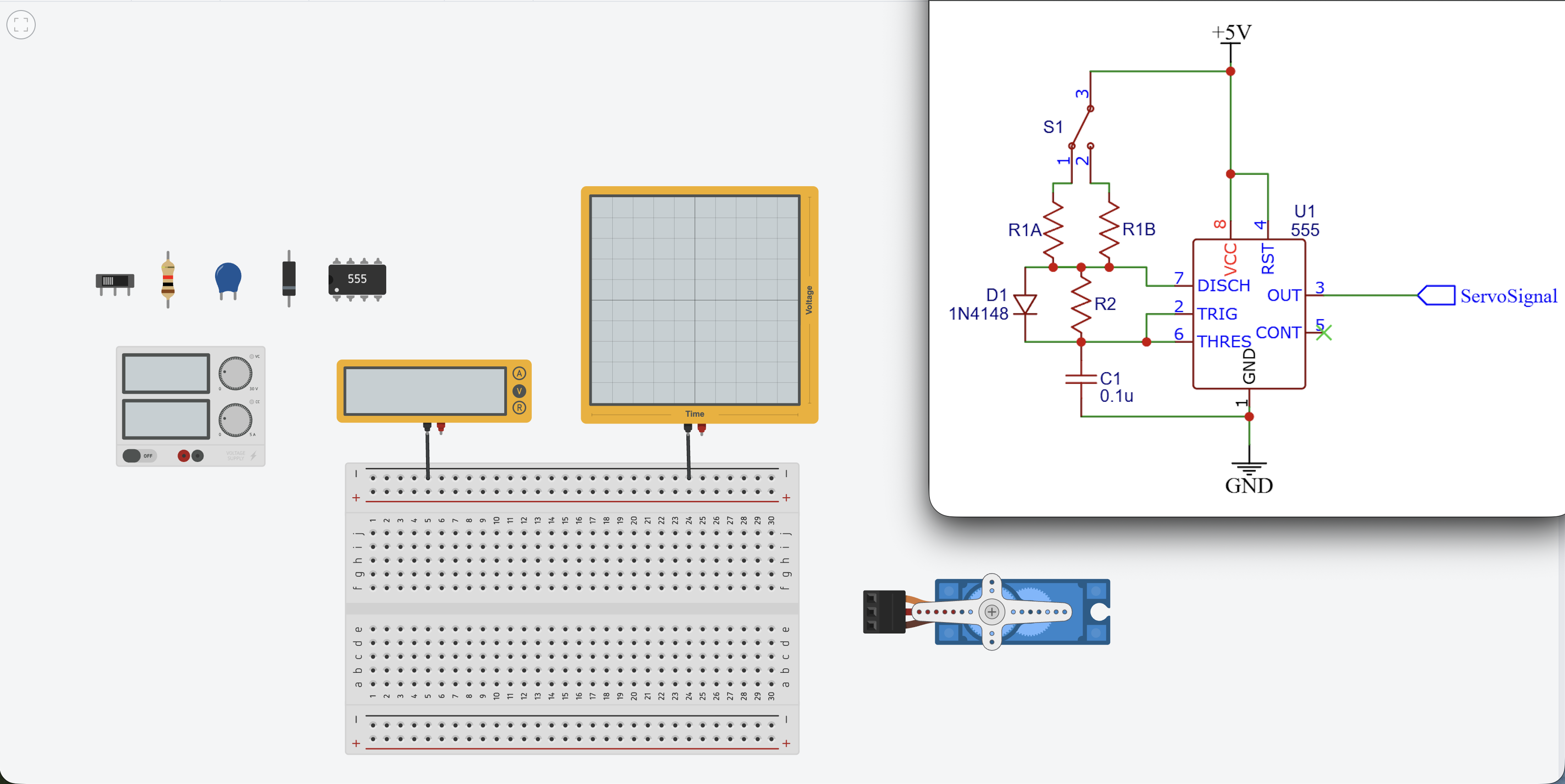 Blank breadboard with 555 timer, resistors, capacitor, diode, switch, and servo connector ready to place