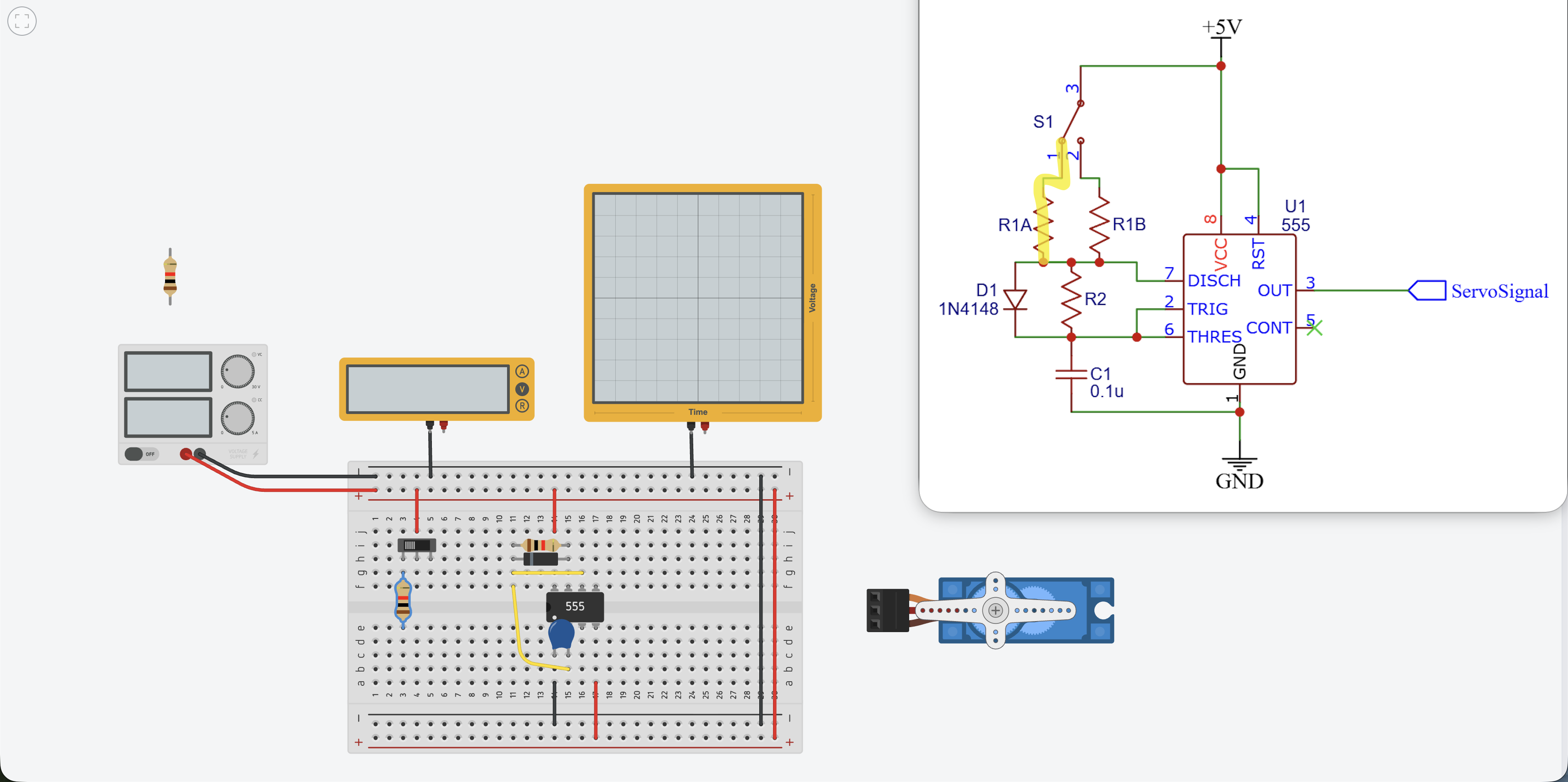 Resistor R1A bridging from terminal 1 of S1 across the center gap to the bottom side of the breadboard