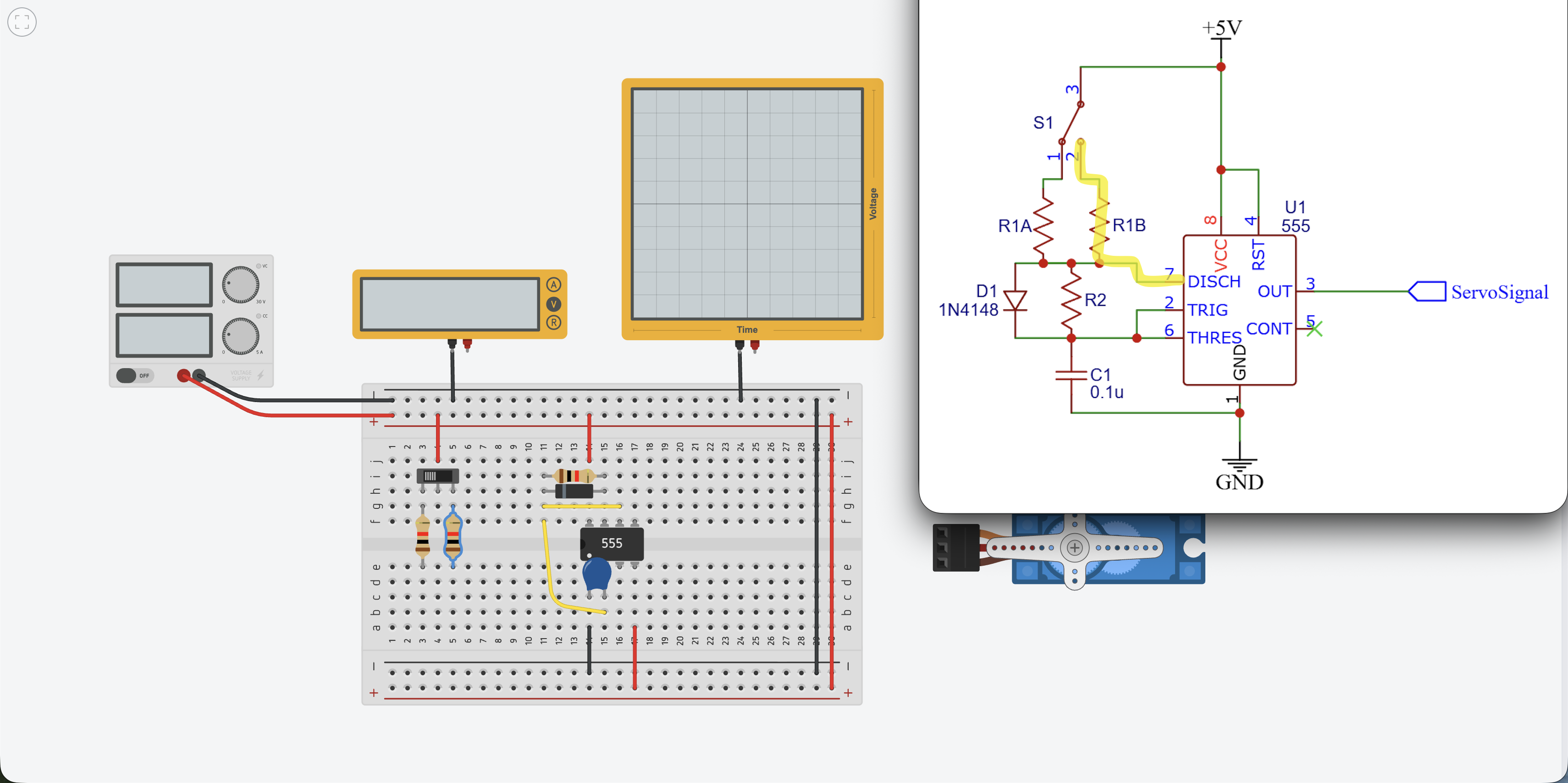Resistor R1B bridging from terminal 3 of S1 across the center gap to the bottom side of the breadboard