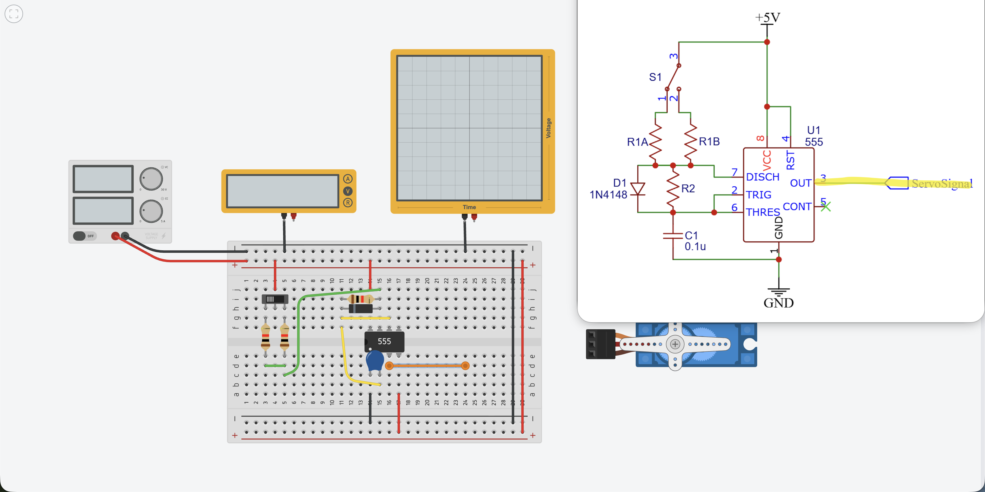 Wire running from pin 3 of the 555 to an open column on the right edge of the breadboard