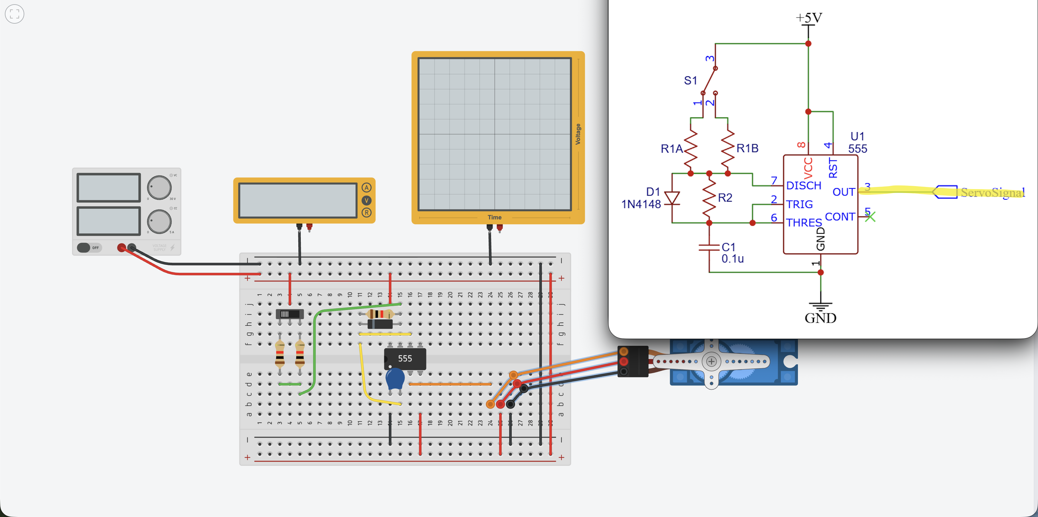 Servo connector attached to the three-column group carrying control signal, 5V, and ground