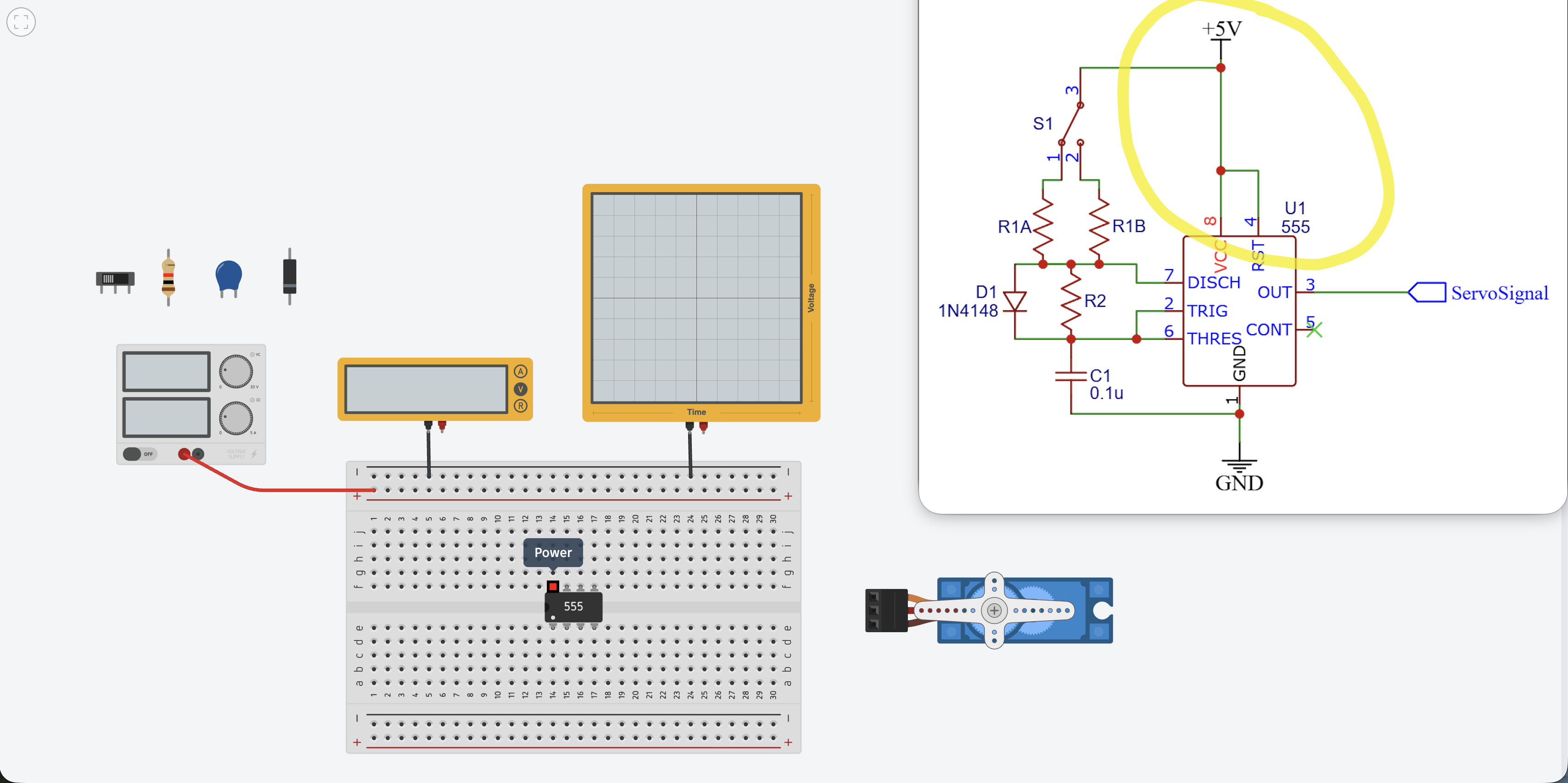 5V power wire connected to the positive (red) bus rail at the top of the breadboard