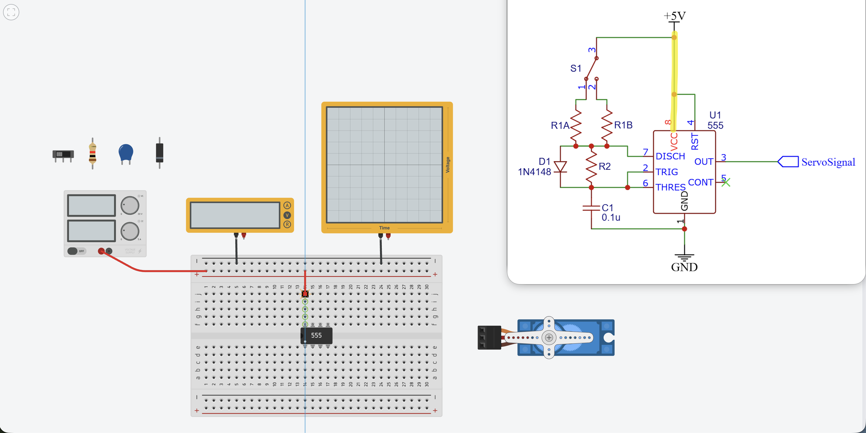 Wire running from the positive bus to pin 8 at the top-right of the 555 chip