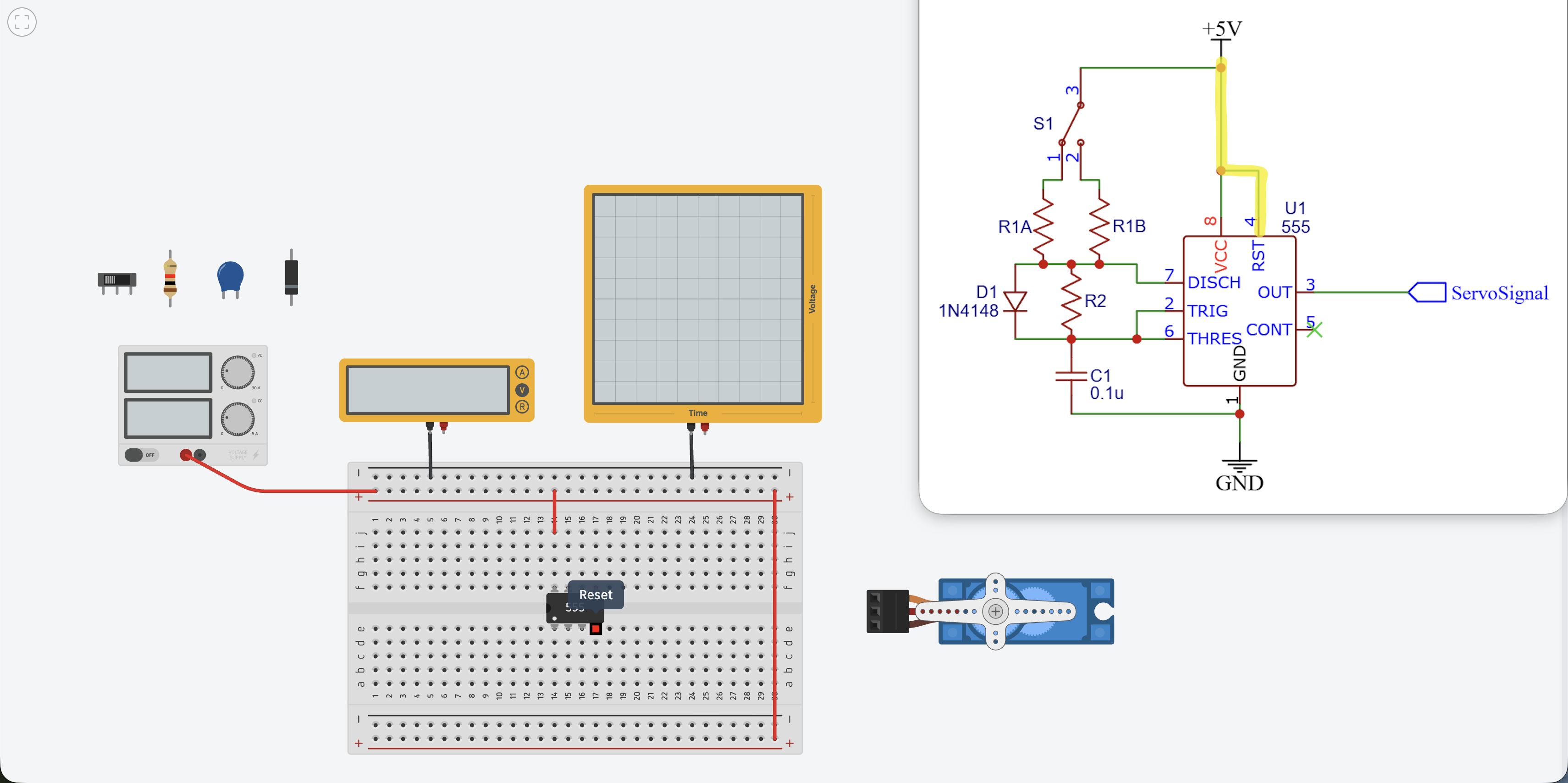 Wire bridging the top positive bus to the bottom positive bus on the left side of the breadboard