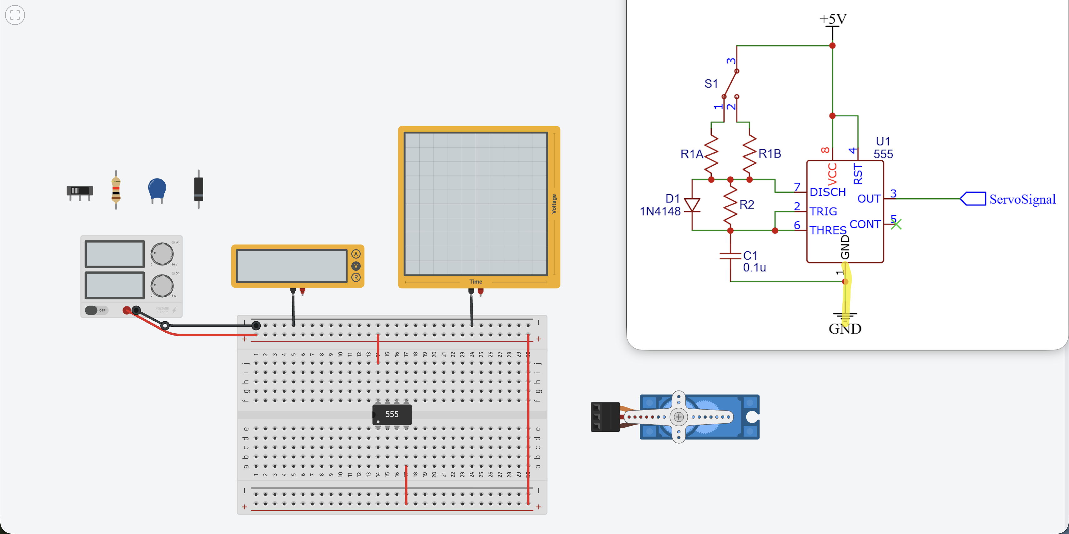 Ground wire connected to the negative (blue) bus rail at the top of the breadboard