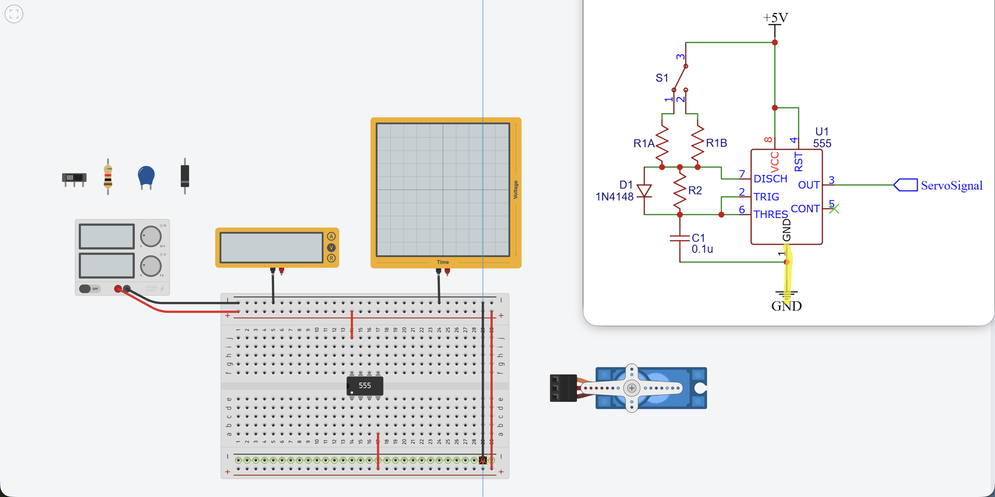 Wire bridging the top negative bus to the bottom negative bus on the left side of the breadboard