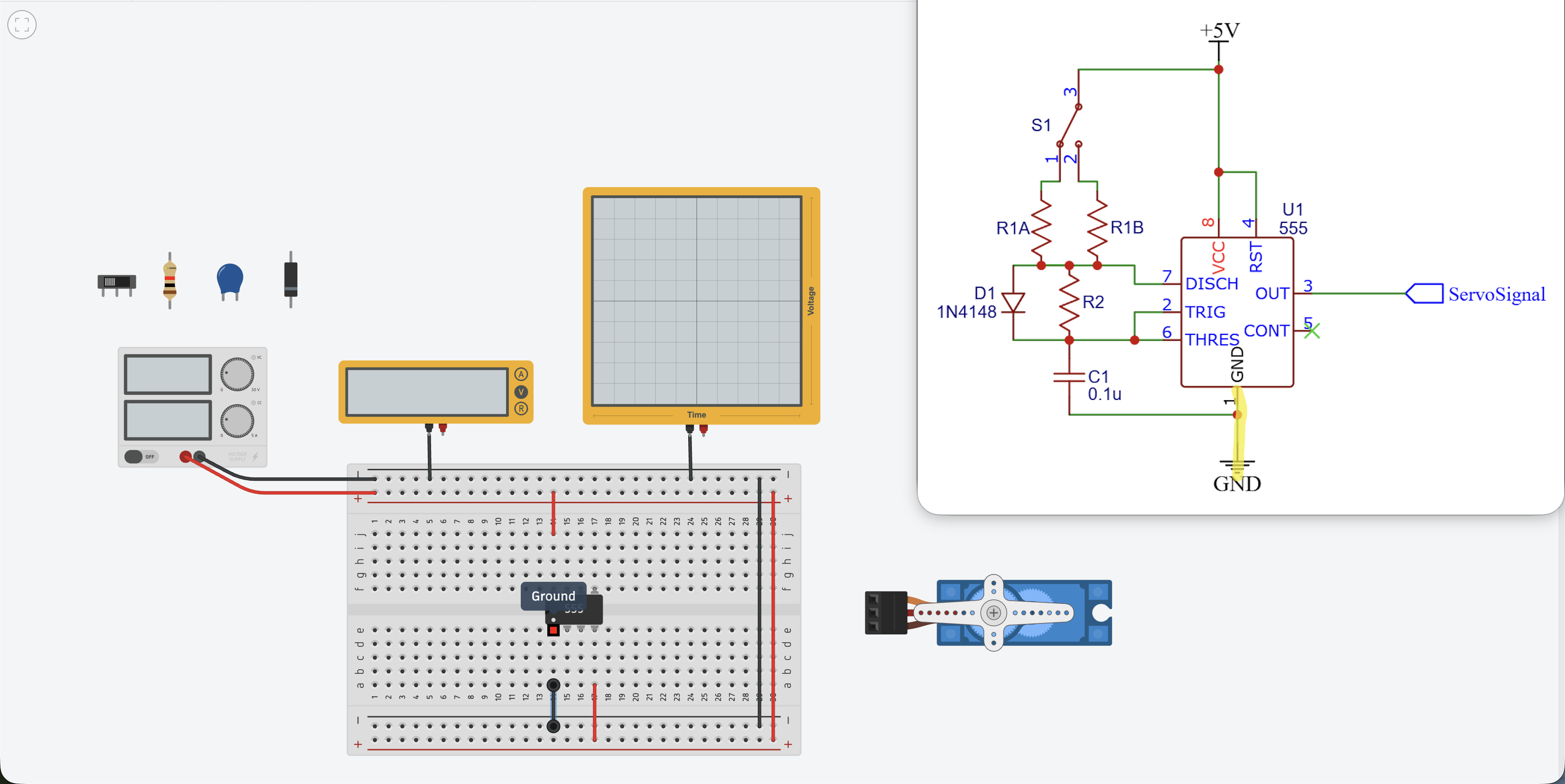Wire from the negative bus to pin 1 at the bottom-left of the 555 chip