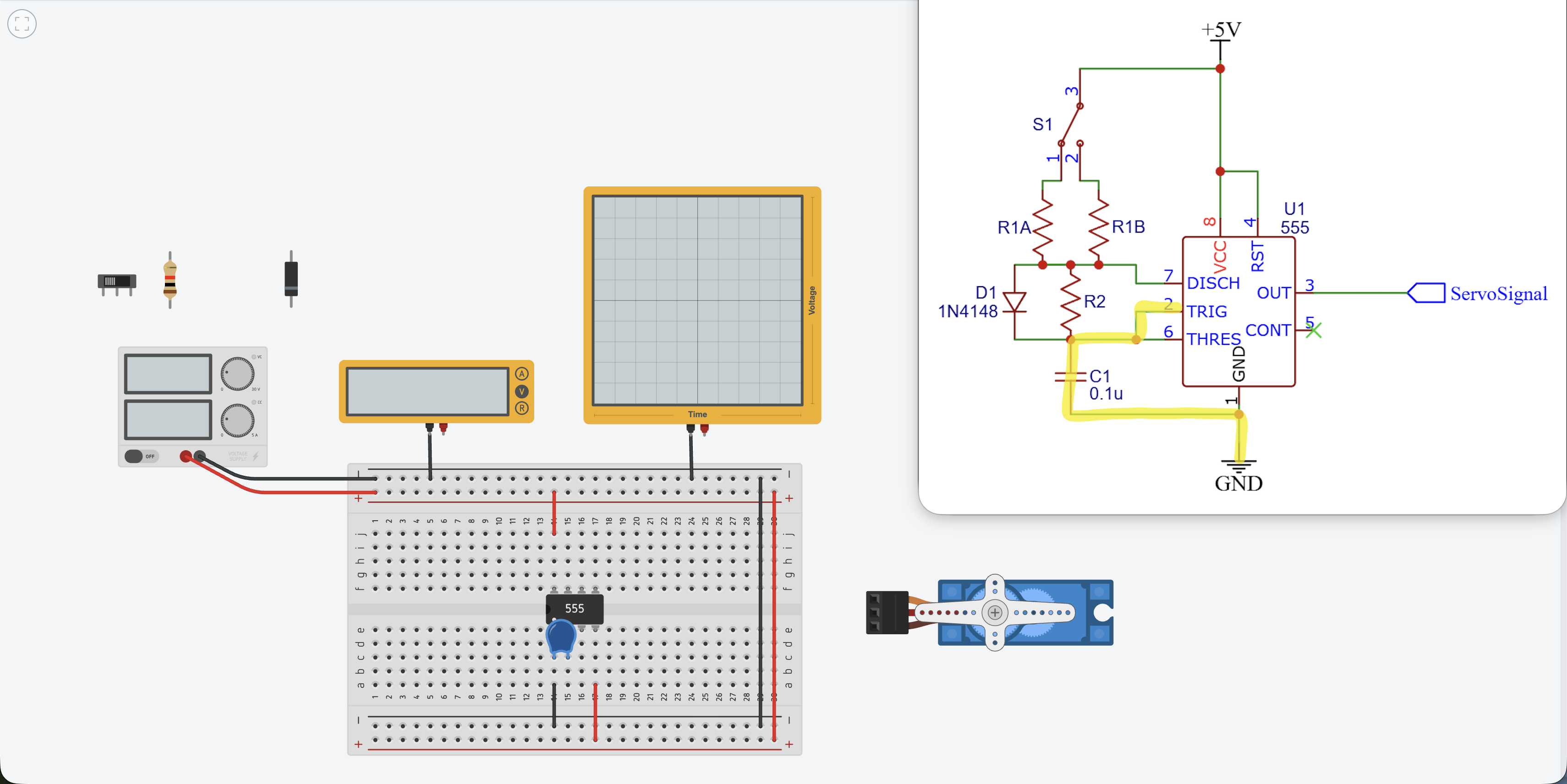 Capacitor C1 placed on the breadboard with one lead at pin 1 and the other at pin 2 of the 555