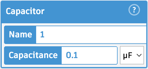 Tinkercad component properties panel open for C1, showing the capacitance value field