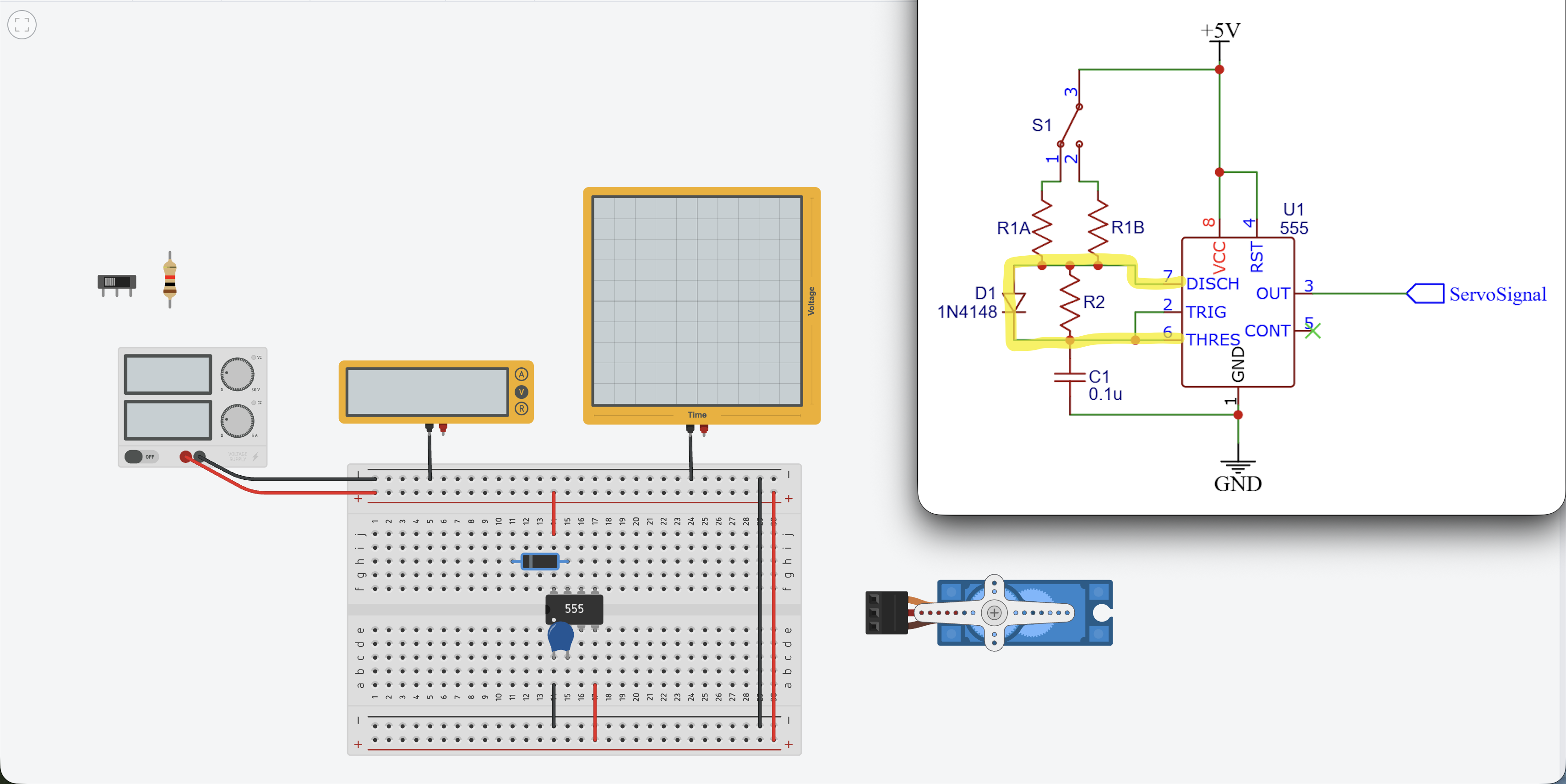 Diode D1 placed on the breadboard with its anode connected to pin 7 of the 555