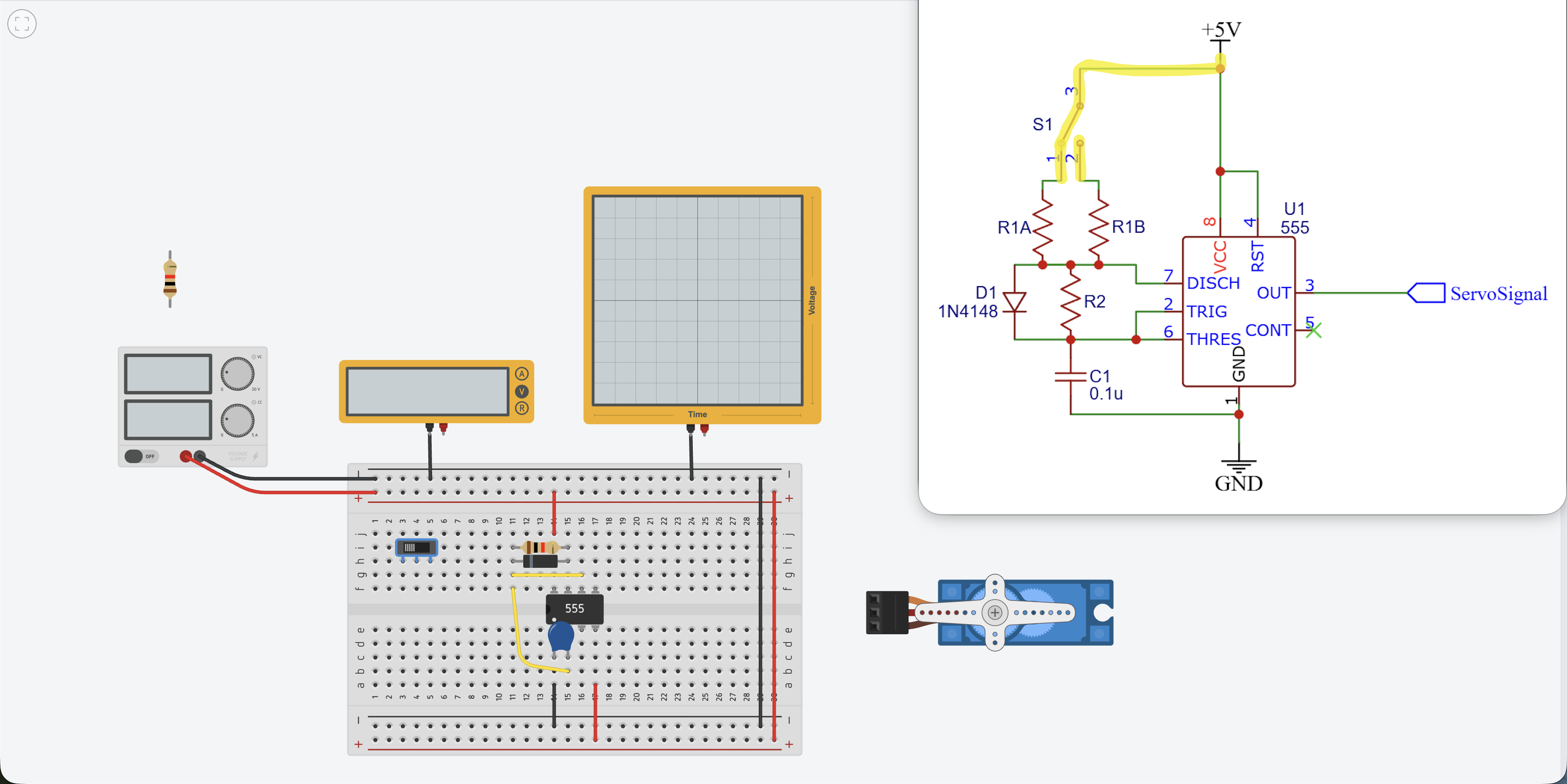Pushbutton switch S1 placed on the left half of the breadboard