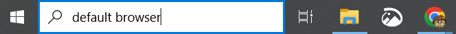 Windows taskbar search bar with 'default browser' typed in.
