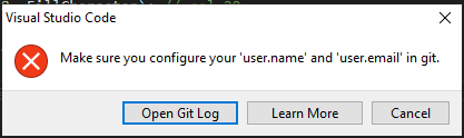 git config error message in VS Code