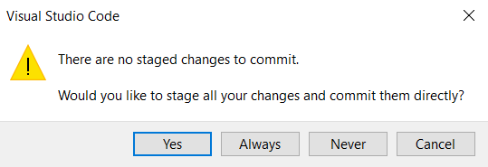 No staged changes dialog asking to stage all