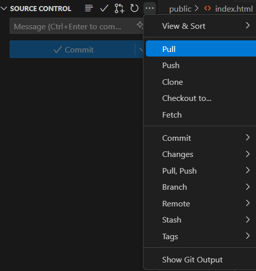 VS Code Source Control dots menu showing more options
