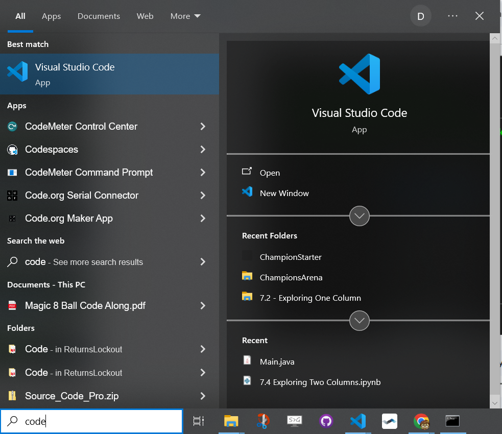 Windows search showing Visual Studio Code