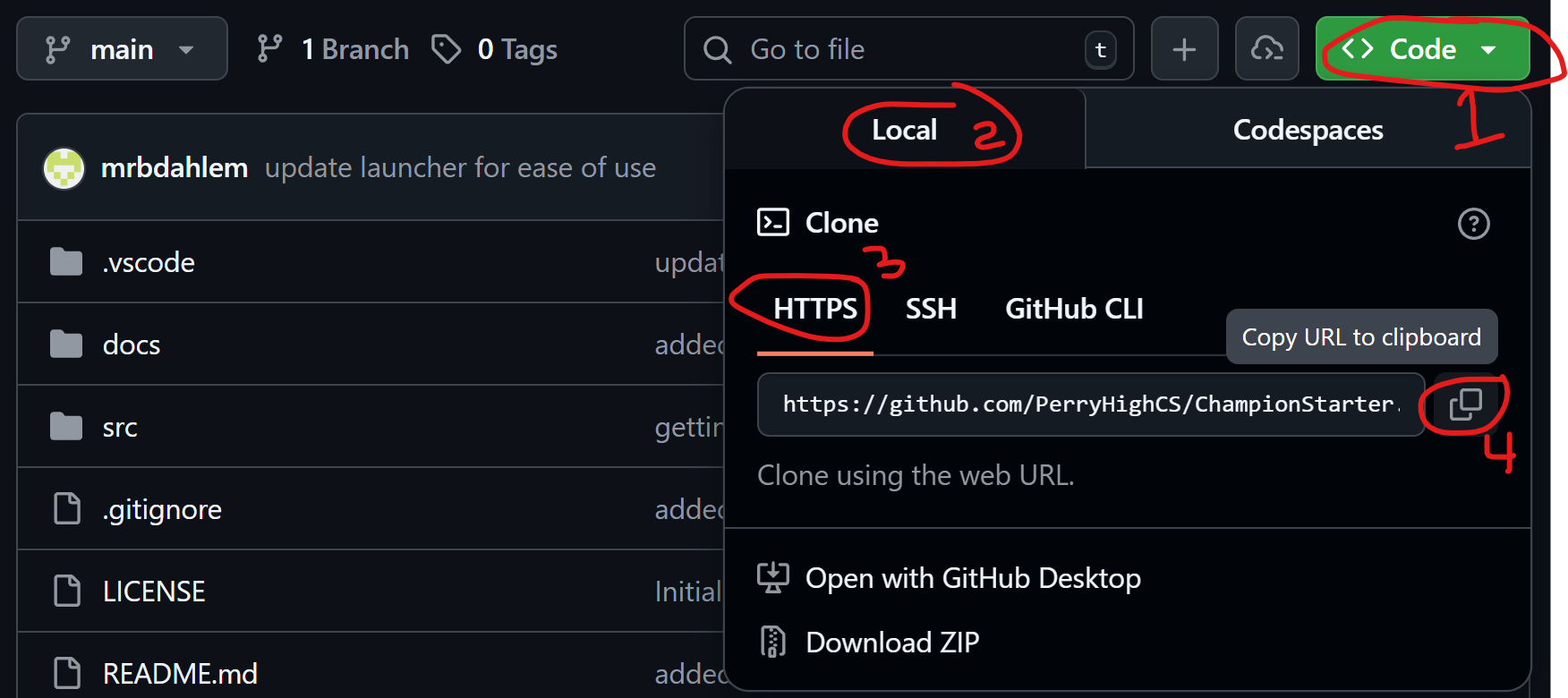GitHub Code button dropdown with HTTPS URL