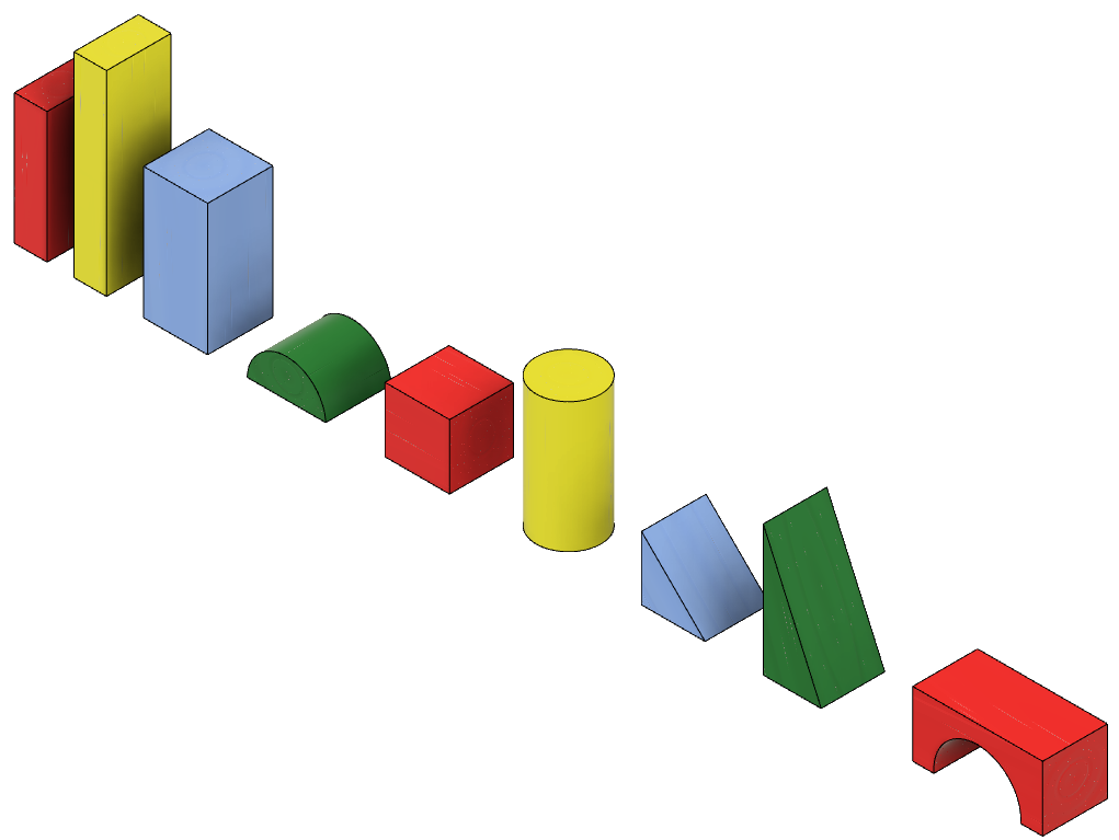 Colorful 3D building blocks of different shapes: rectangles, arches, cylinders, and triangles
