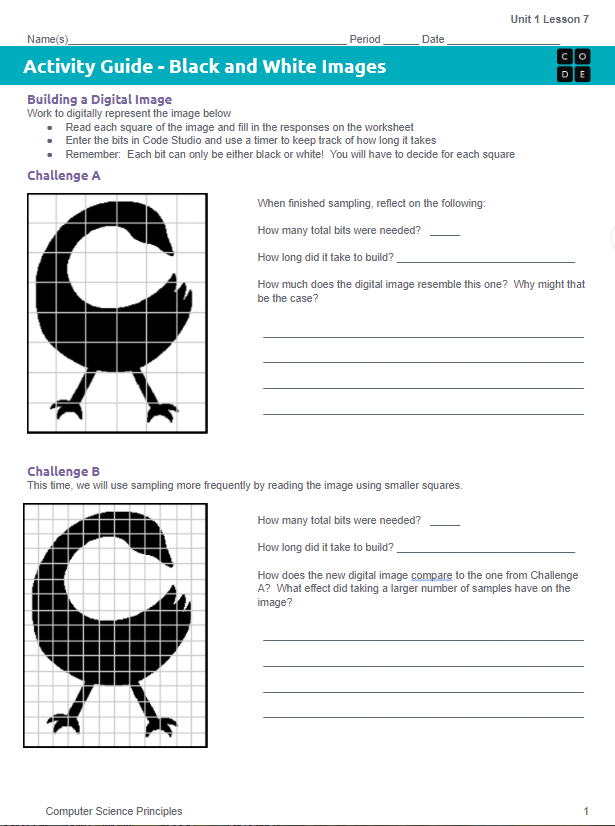 Activity Guide worksheet for Unit 1 Lesson 7 showing Challenge A with a coarse grid over a bird silhouette and Challenge B with a finer grid over the same bird silhouette, each with reflection questions about bits needed and build time